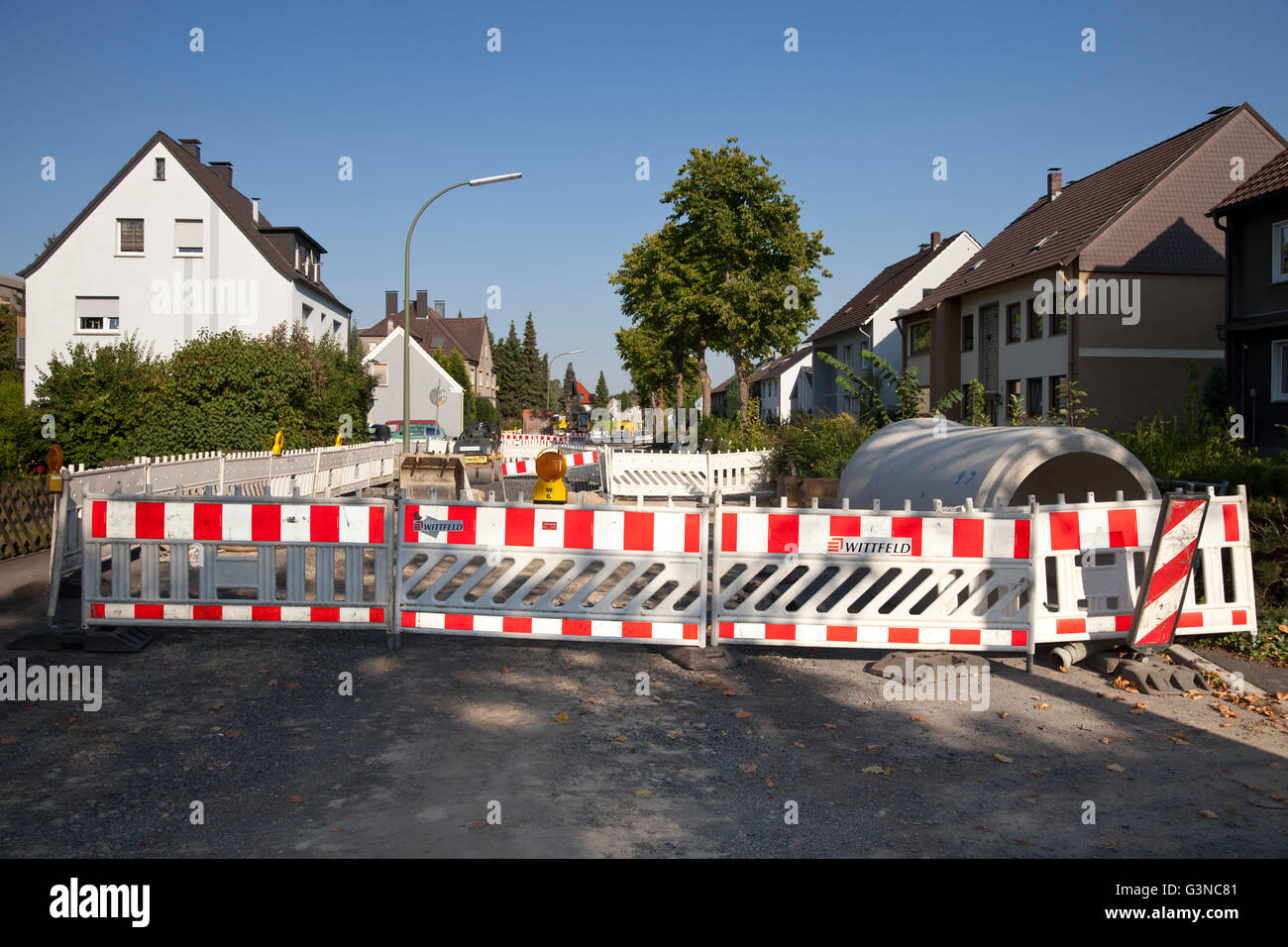 Barricade for road construction, renewal of the sewerage system, Koenigstrasse, Kamen, Ruhr Area, North Rhine-Westphalia Stock Photo