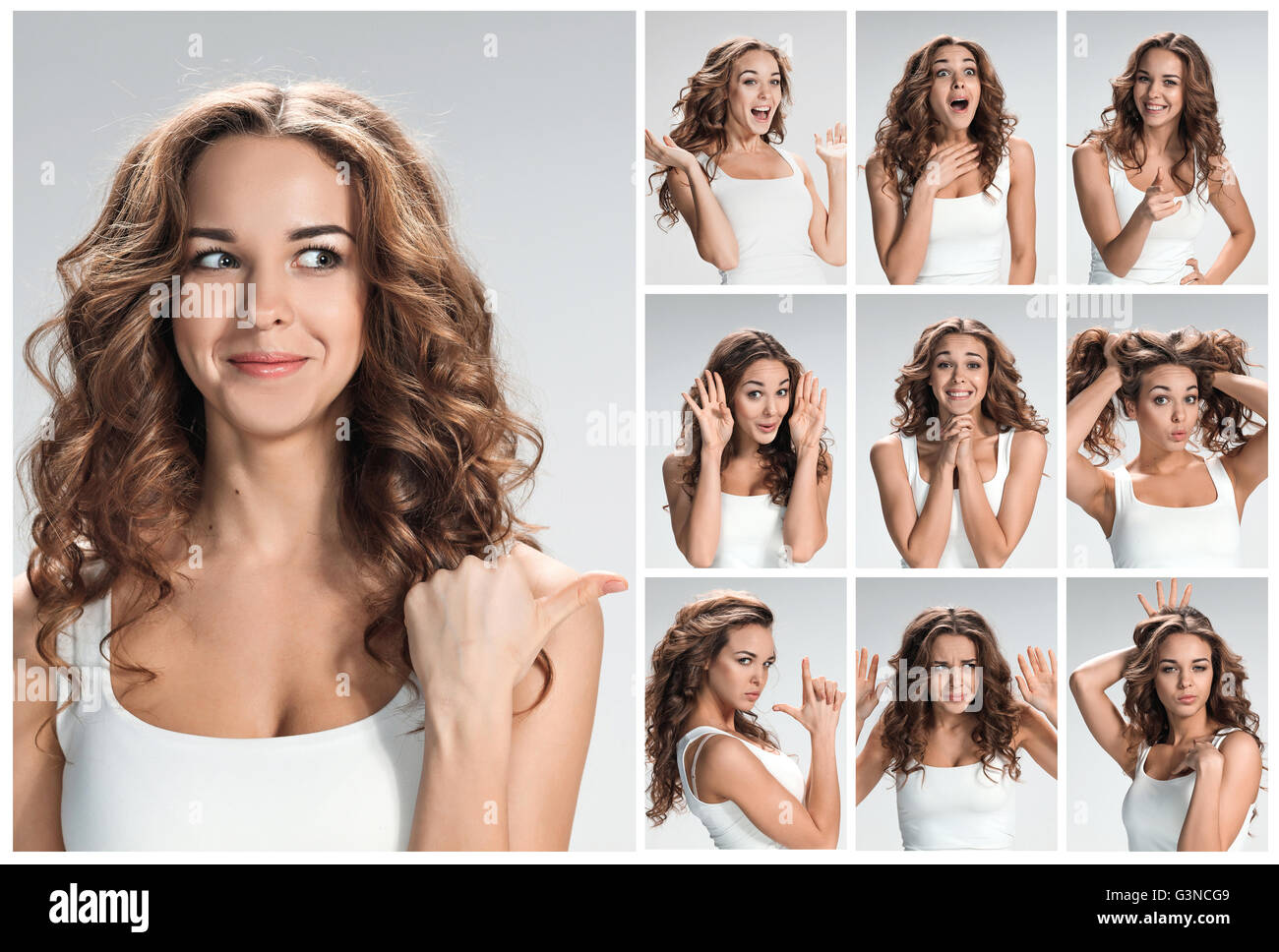 Set of young woman's portraits with different happy emotions Stock Photo