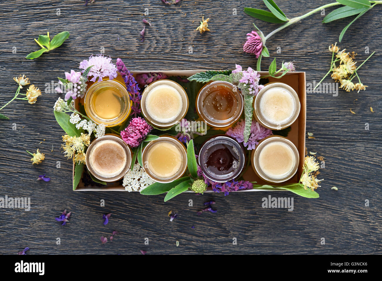 Different kinds of honey in a box Stock Photo Alamy