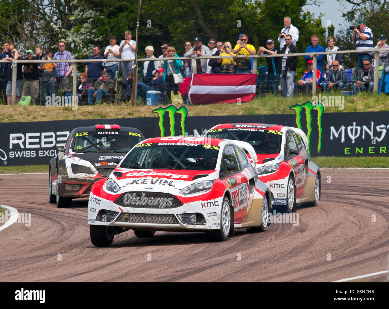 World Rallycross racing, leader Ford Fiesta ST driven by Kevin Eriksson. Stock Photo