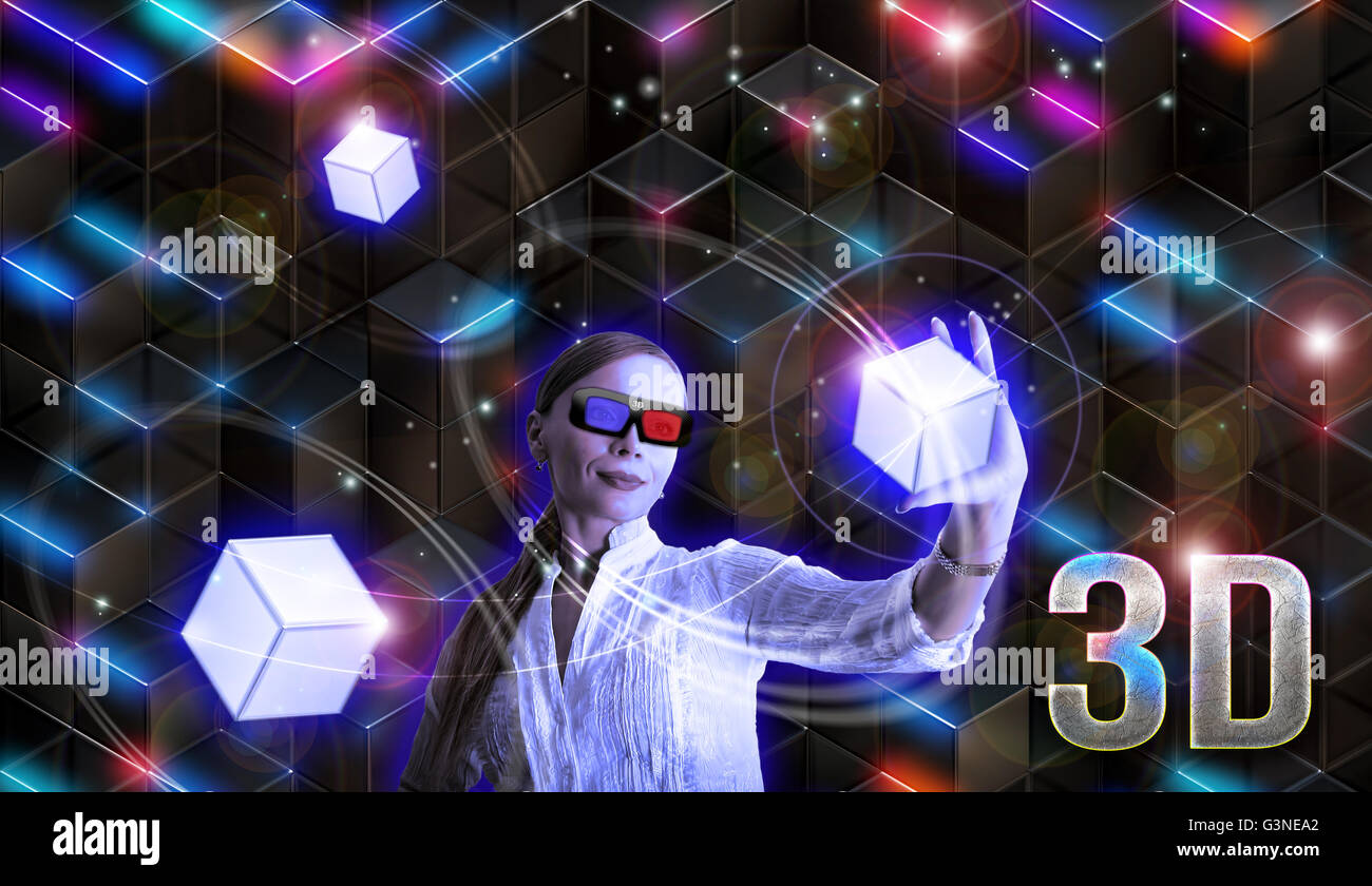 Metaphoric 3D illustration with a woman holding 3D cube, with 3D glasses Stock Photo