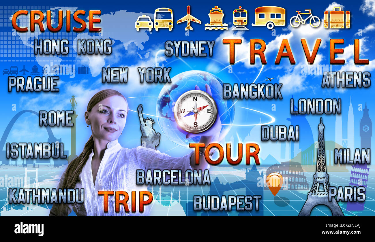 Conceptual travel illustration with a woman holding compass Stock Photo