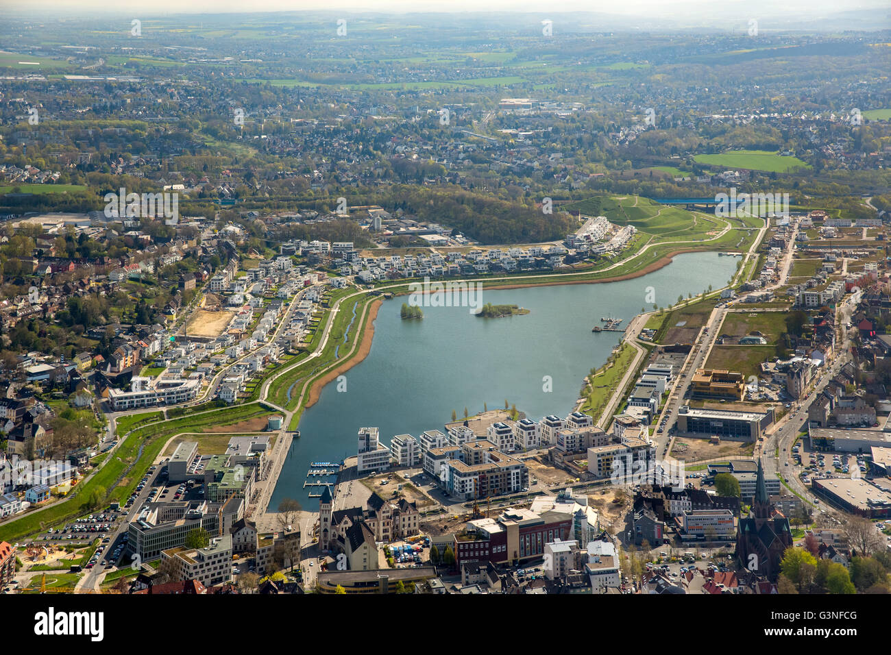 Aerial view, Phoenix Lake is an artificial lake on the former steelworks site Phoenix East in the Dortmund district Hörde, Stock Photo