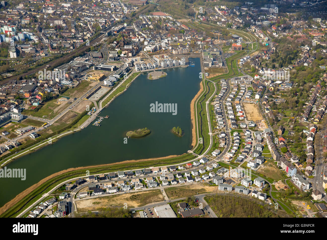 Aerial view, Phoenix Lake is an artificial lake on the former steelworks site Phoenix East in the Dortmund district Hörde, Stock Photo