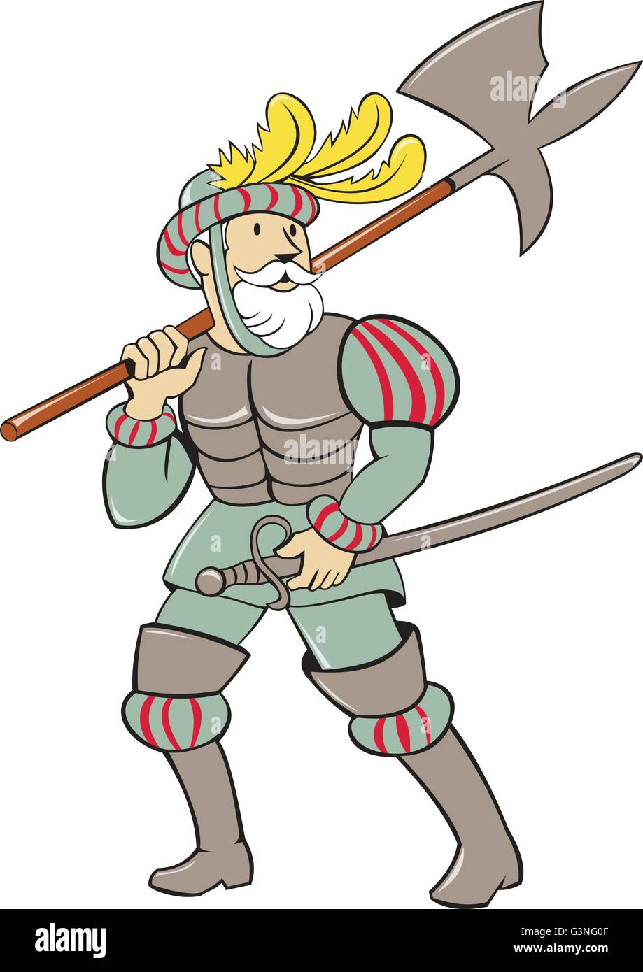 Illustration of a spanish conquistador standing walking holding ax lance on shoulder and sword in the other hand looking to the Stock Vector