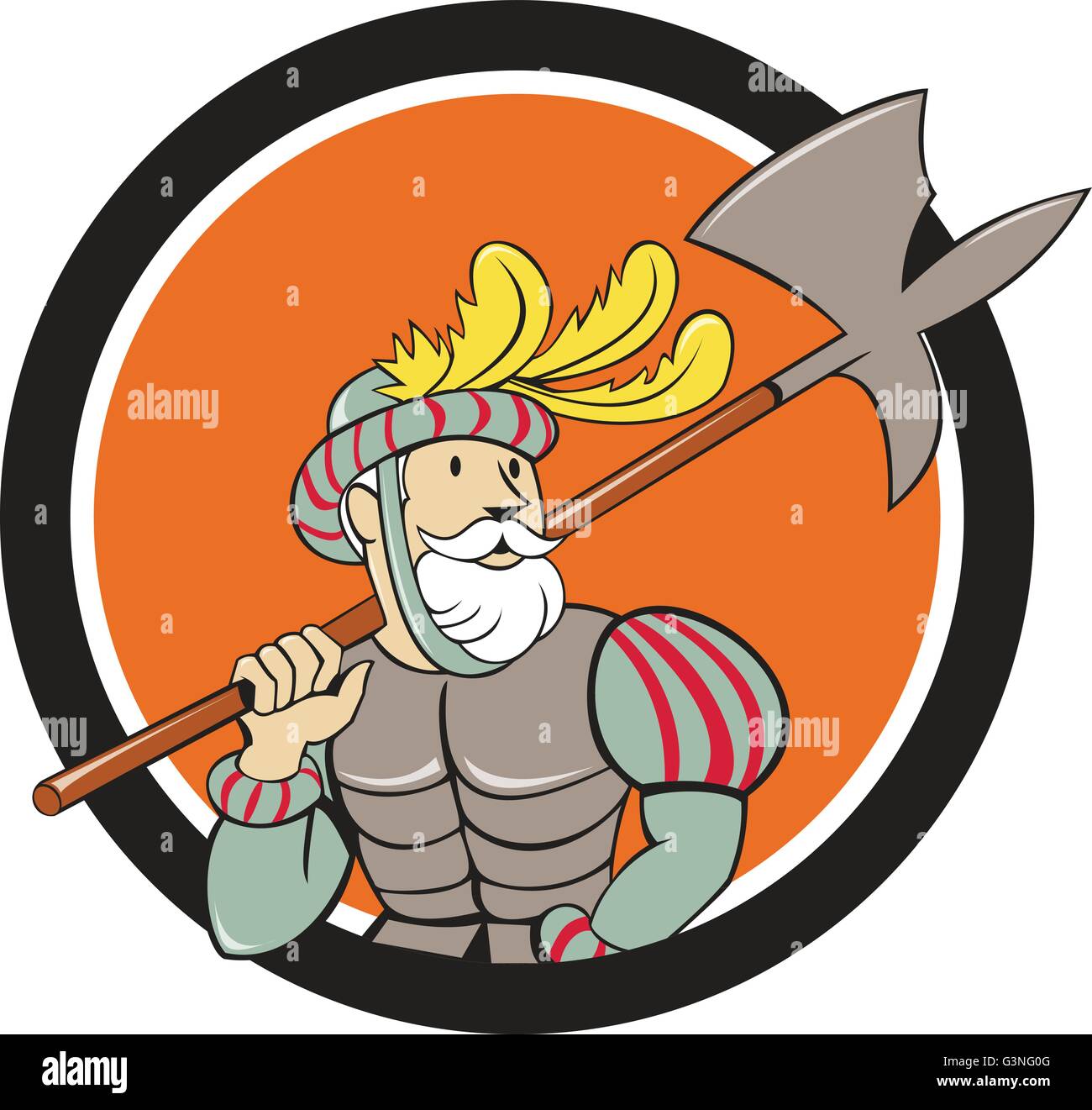 Illustration of a spanish conquistador holding ax sword lance on shoulder looking to the side viewed from front set inside circle done in cartoon style. Stock Vector