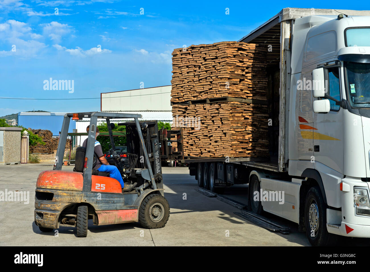 A forklift uploads pallets of graded cork on a truck, cork factory Novacortiça, São Brás de Alportel, Algarve, Portugal Stock Photo