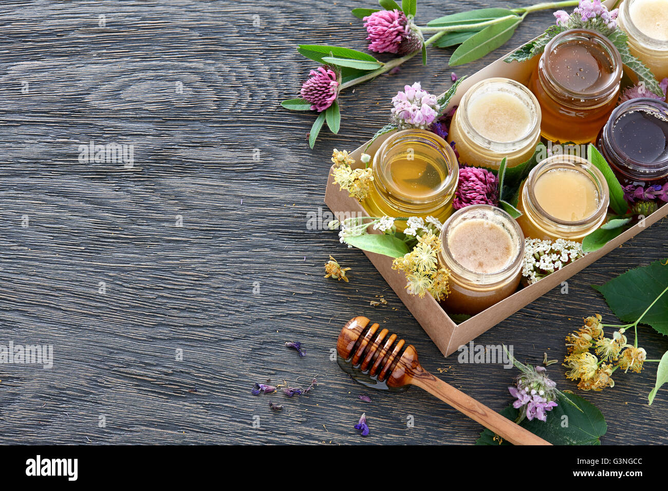 Different kinds of honey in a box Stock Photo Alamy