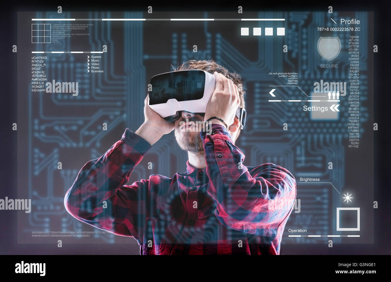 Man wearing virtual reality goggles. Studio shot, black backgrou Stock ...