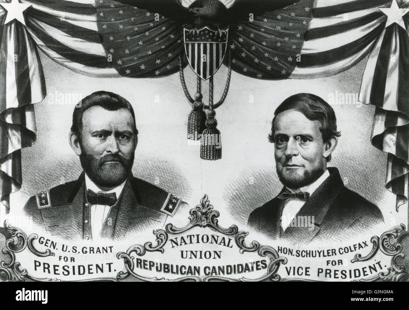 Republican campaign Poster for Presidential Race of 1868 with Gen U.S. Grant for President and Schuyler Colfax for Vice President. Stock Photo