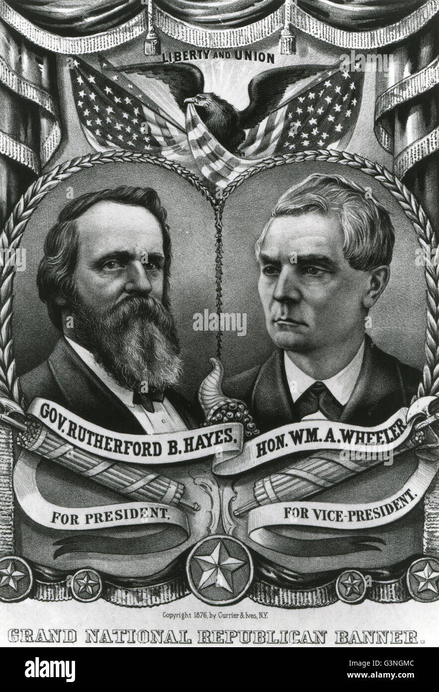 Republican campaign poster of 1876 with Rutherford B. Hayes for President and William A. Wheeler for Vice President. Stock Photo