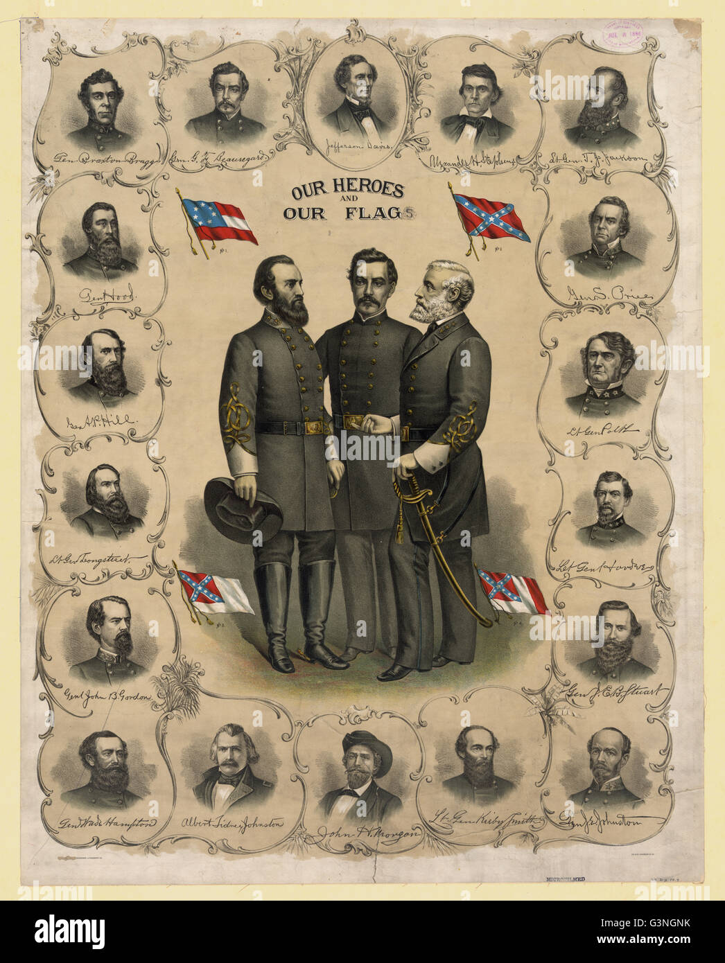 Our heroes and our flag - Print showing full-length portraits of Robert E. Lee, Stonewall Jackson, and G.T. Beauregard with four versions of the Confederate flag surrounded by bust portraits of Jefferson Davis and Confederate Army officers. Stock Photo