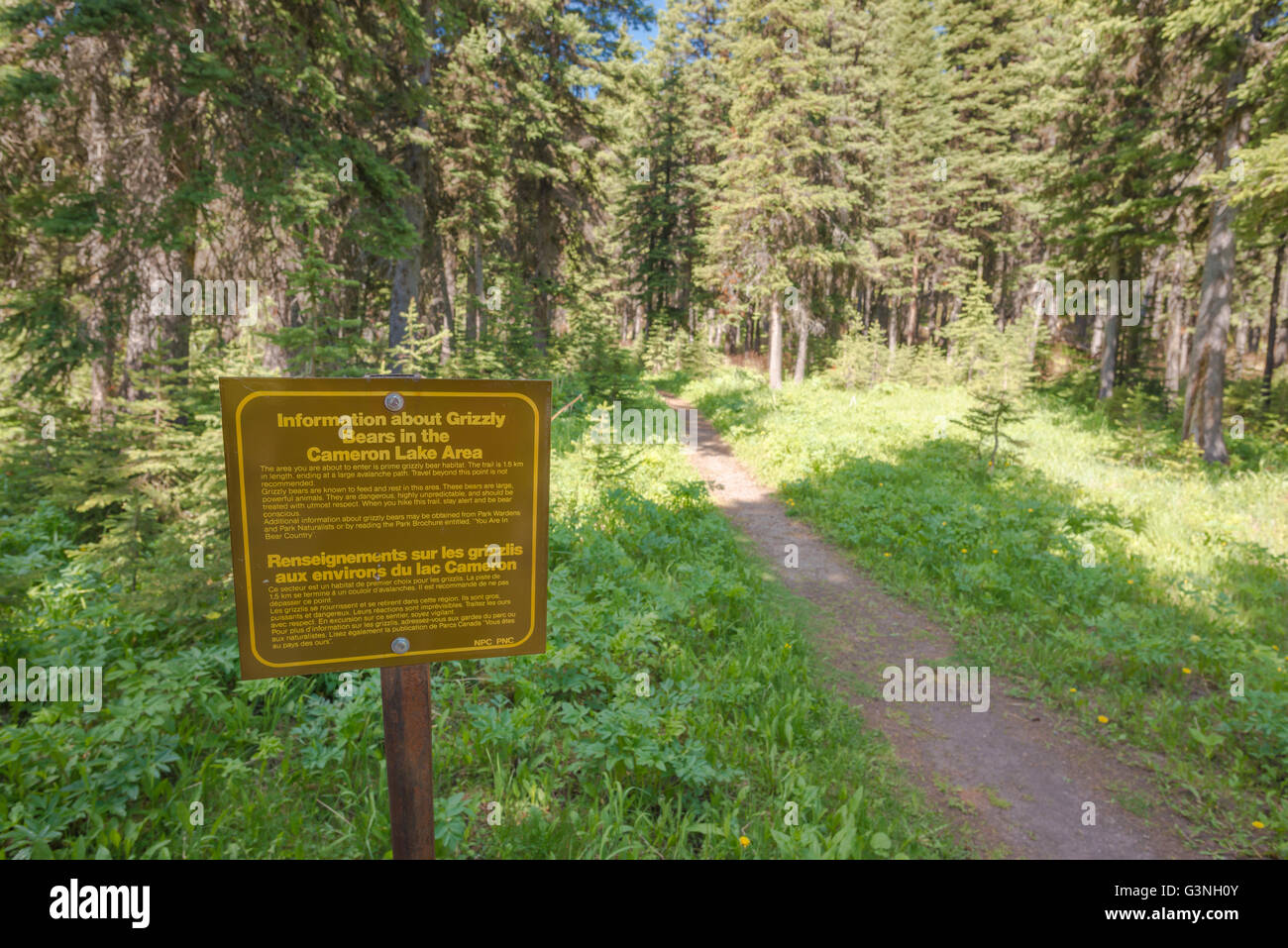 Sign beside the trail at Cameron Lake in Waterton Lakes National Park indicating that grizzly bears are in the area. Stock Photo