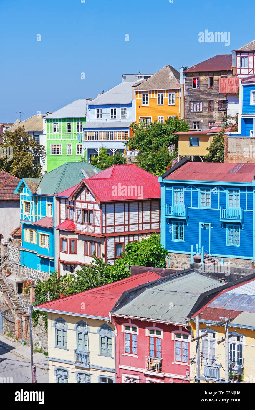 Traditional houses, historical old town, Valparaiso, Unesco World Heritage Site, Chile Stock Photo