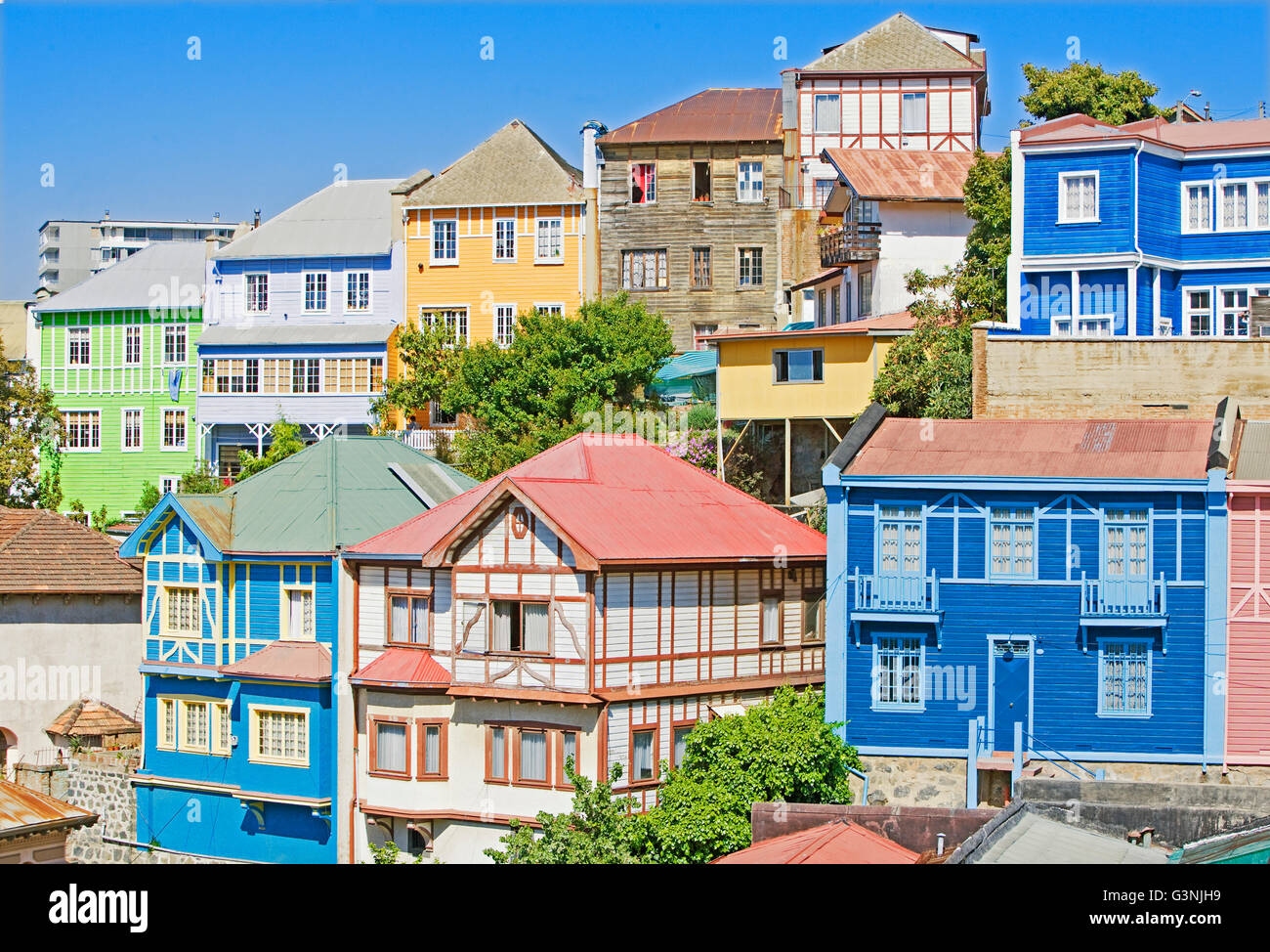 Traditional houses, historical old town, Valparaiso, Unesco World Heritage Site, Chile Stock Photo