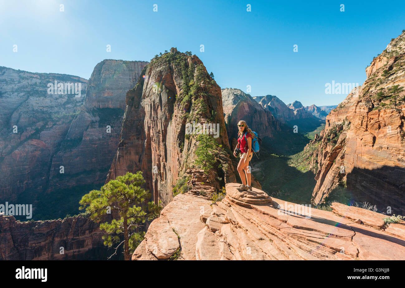 Hiker on Angels Landing ridge with wind and panoramic view