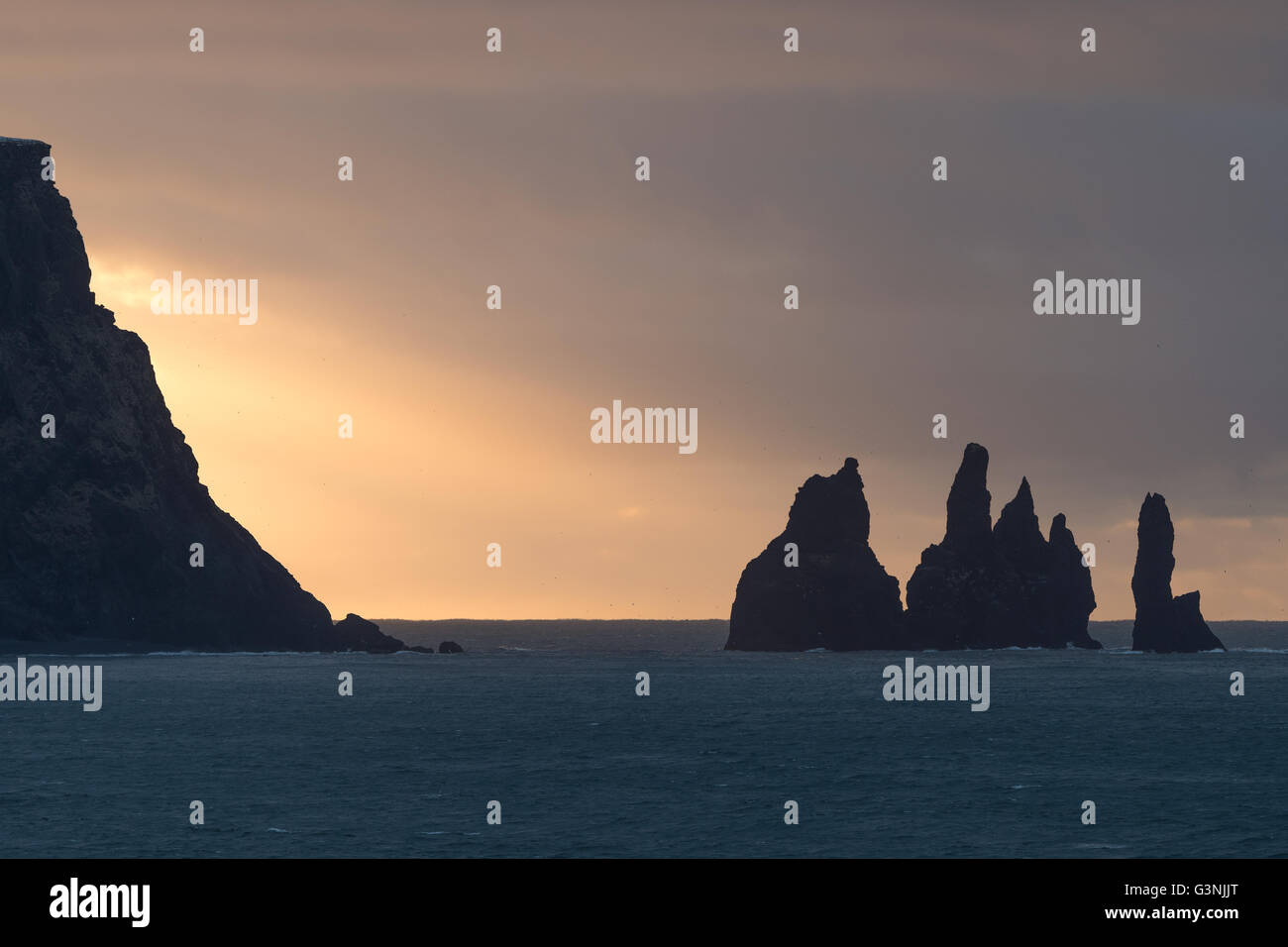 Reynisdrangar, rainy mood, near Vik, Southern Region, Iceland Stock Photo