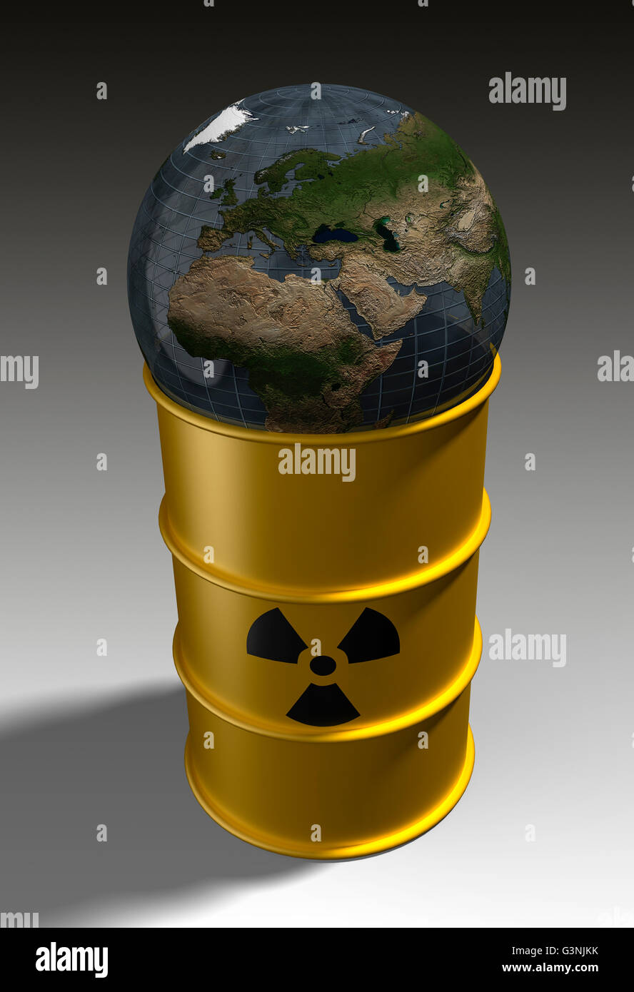 Globe on top of nuclear waste barrel Stock Photo Alamy