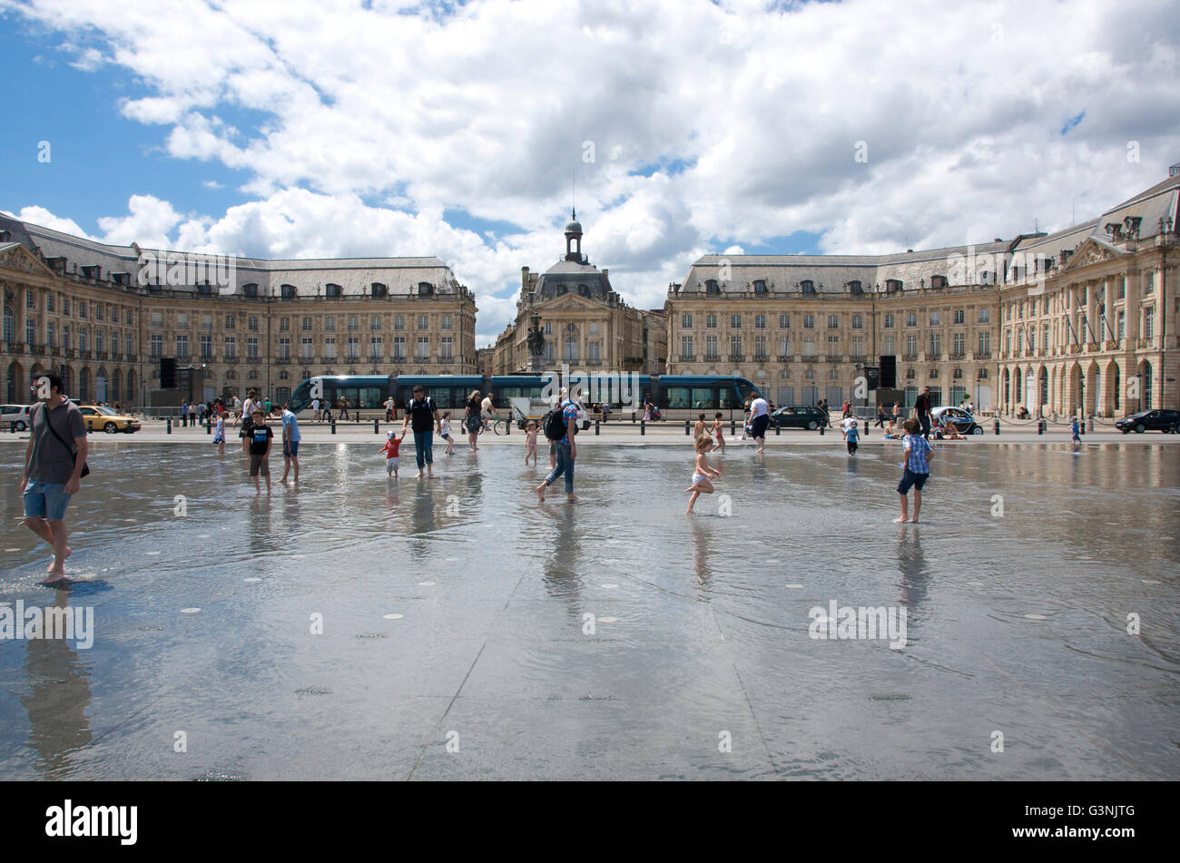 Water mirror on Stock Exchange Square, Bordeaux, Aquitaine, France, Europe Stock Photo