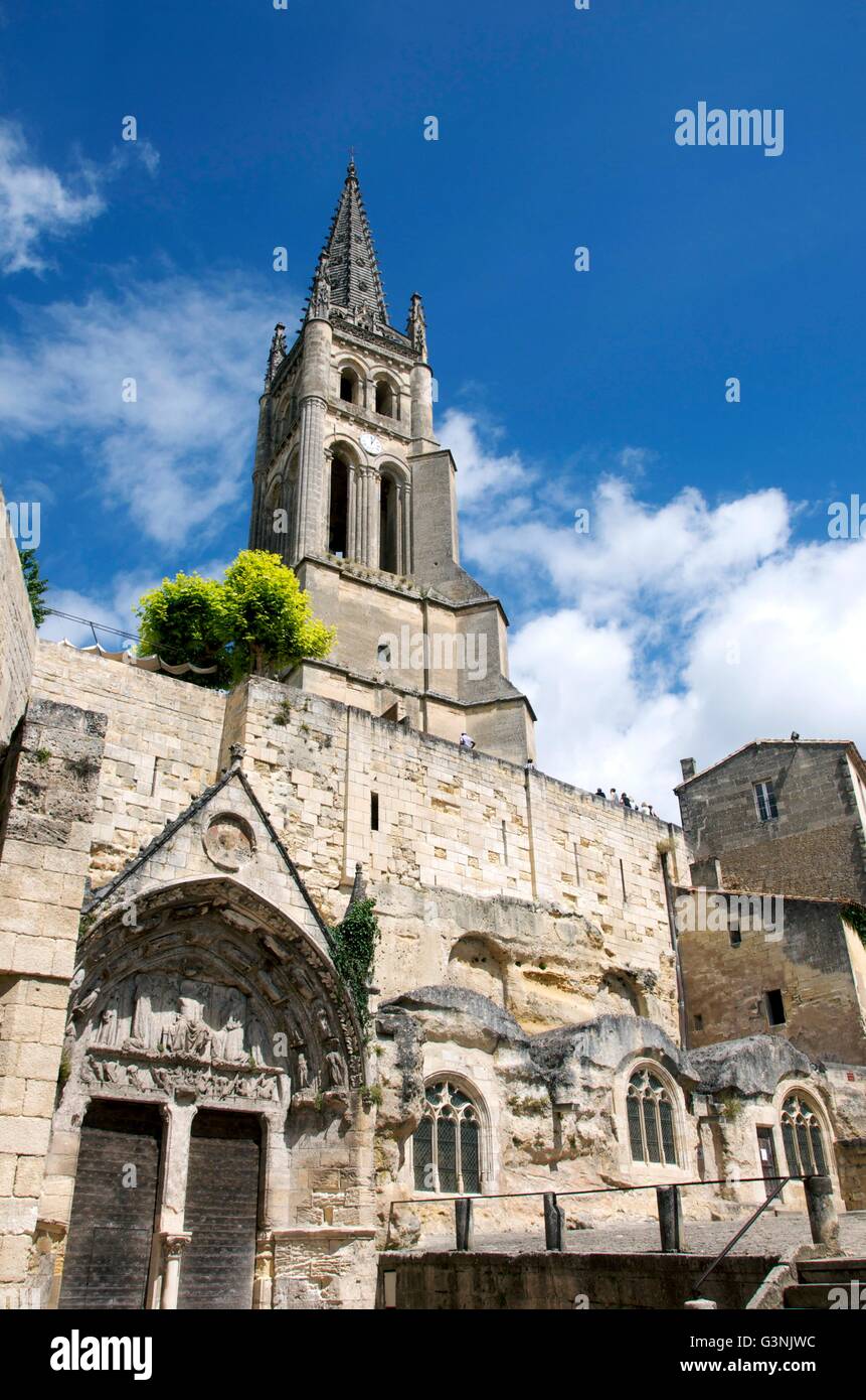 Stone arch and bell tower of the historic monolithic church on the Place de l'Eglise, Saint-Émilion, Gironde, France, Europe Stock Photo
