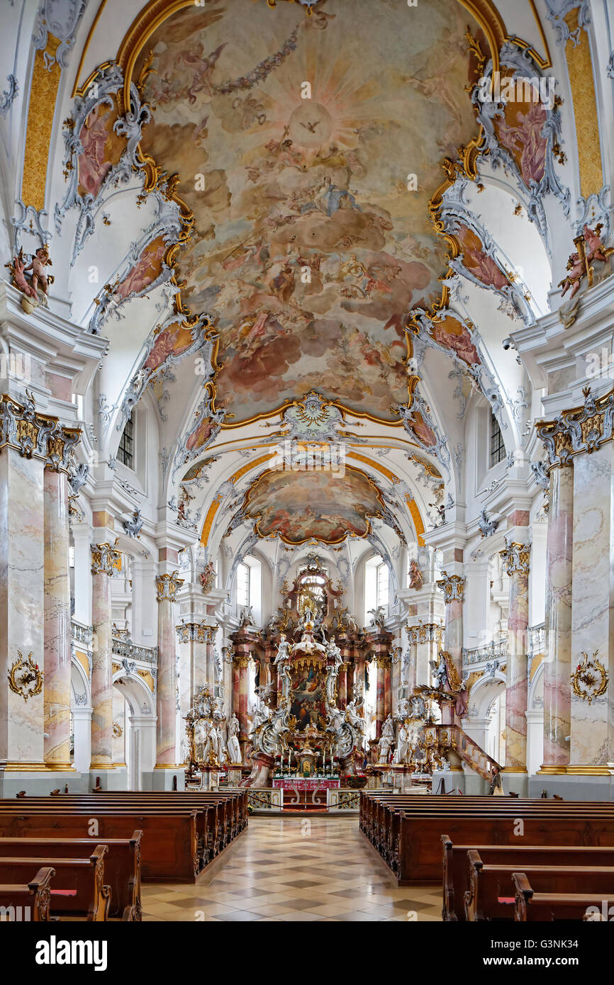 Nave with chancel and frescoed ceilings, baroque pilgrimage church, Basilica of the Fourteen Holy Helpers, Bad Staffelstein Stock Photo