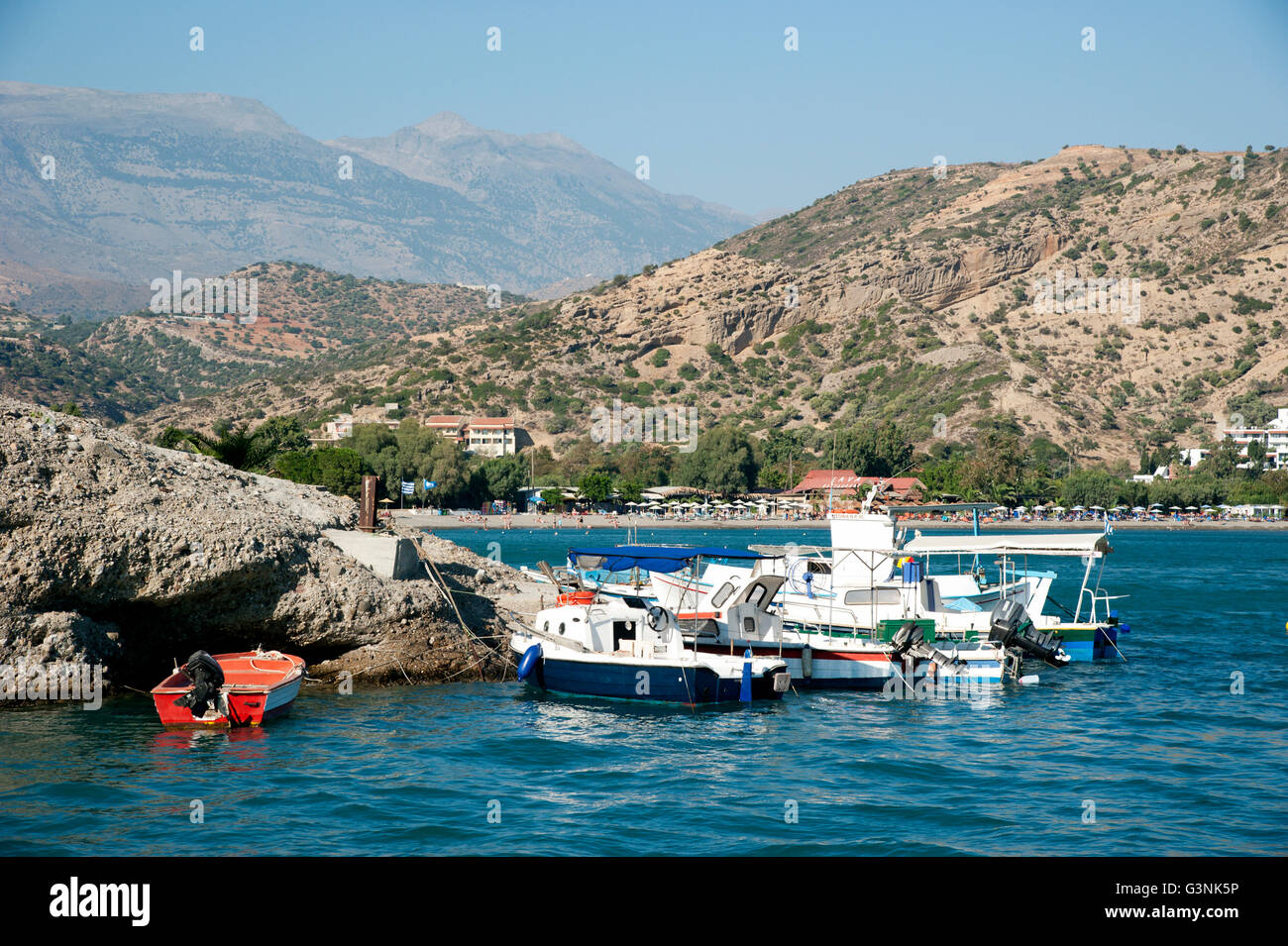 Boats in the bay of Agia Galini, southern Crete, Greece, Europe Stock Photo