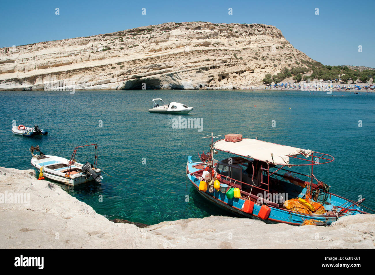 Boats in the bay of Matala, Libyan Sea, southern Crete, Greece, Europe Stock Photo