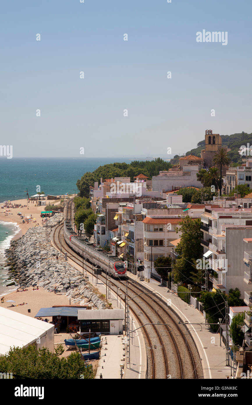 Railroad tracks on the coast of Sant Pol de Mar, Comarca Maresme, Costa del Maresme, Catalonia, Spain, Europe, PublicGround Stock Photo