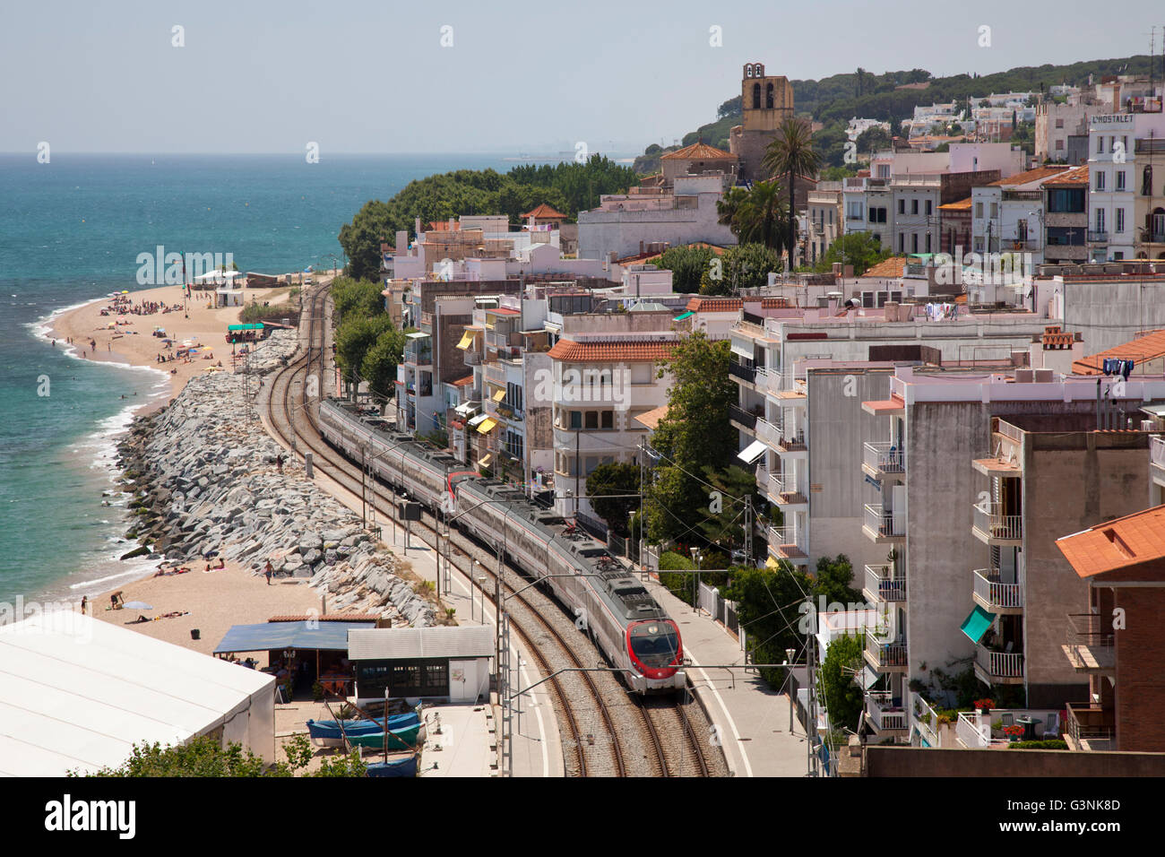Railroad tracks on the coast of Sant Pol de Mar, Comarca Maresme, Costa del Maresme, Catalonia, Spain, Europe, PublicGround Stock Photo