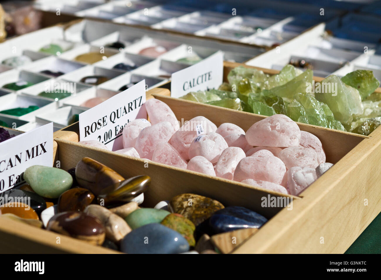 Stones and rocks for sale at open air rock show for people who love geology and collect stones and minerals Stock Photo