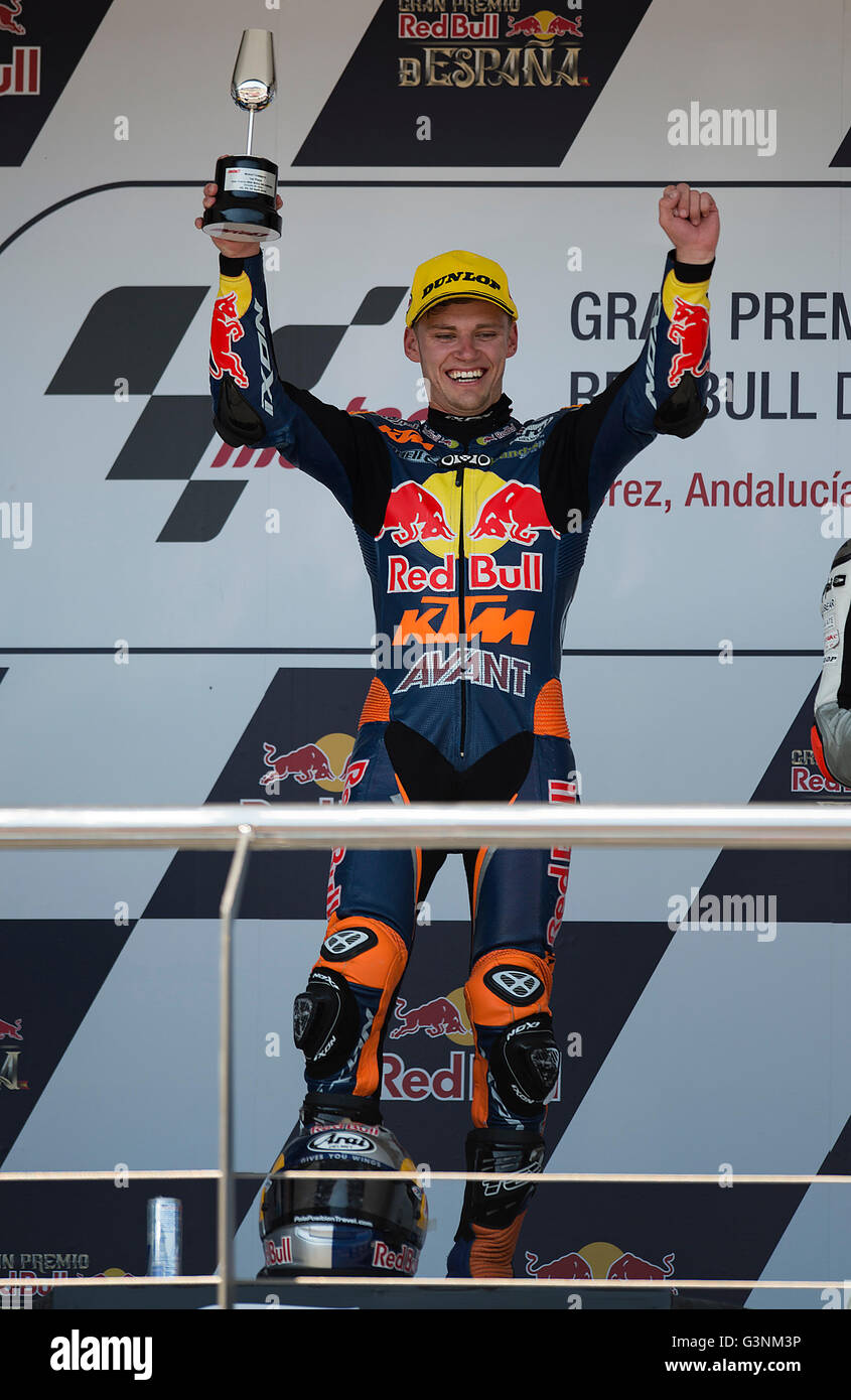 Jerez Spain 24th Apr 16 41 Brad Binder Rsa Red Bull Ktm Ajo Ktm Celebrates On The Podium After Winning The Race During The Motogp Grand Prix Red Bull Of Spain At