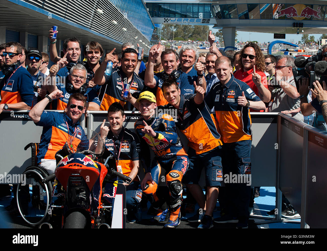 Jerez Spain 25th Apr 16 41 Brad Binder Rsa Red Bull Ktm Ajo Ktm Celebrates In Group After Winning The Race During The Motogp Grand Prix Red Bull Of Spain At The