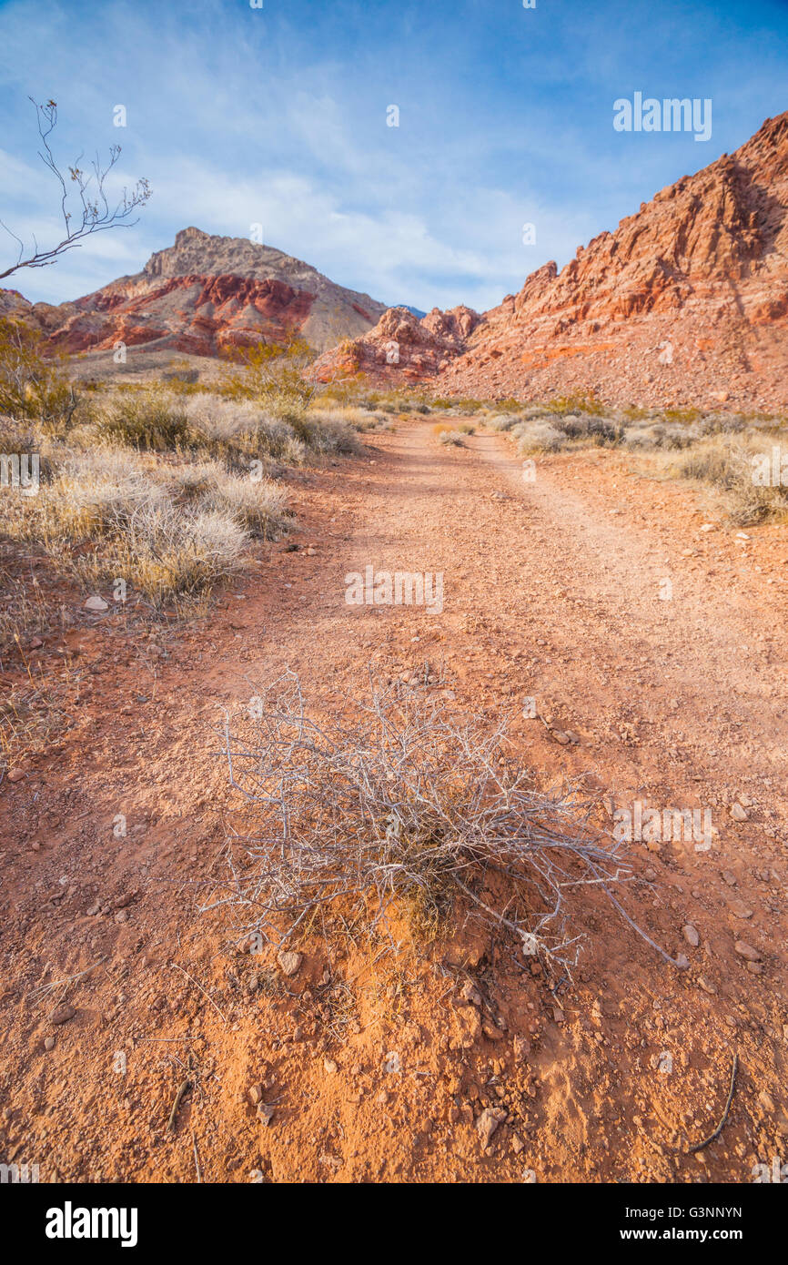 Gravel dirt trail leads into Red Rocks State Park near Las Vegas Nevada
