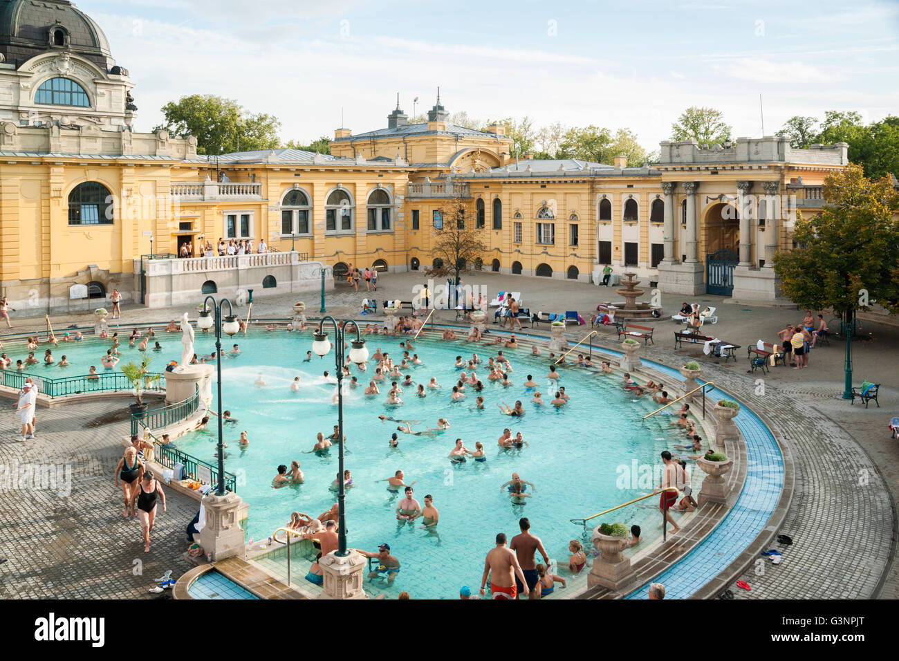 Bathers relaxing and soaking in healing mineral waters of Szechenyi
