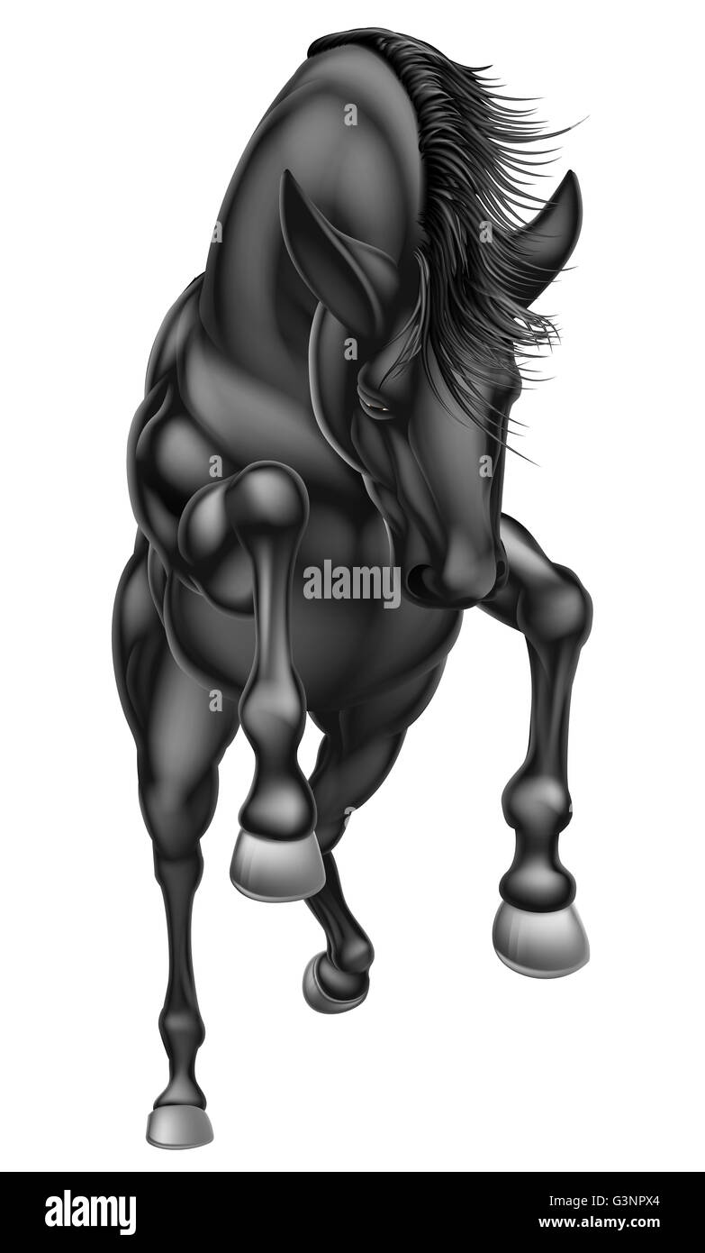 An illustration of a black horse rearing on its hind legs or running or jumping Stock Photo