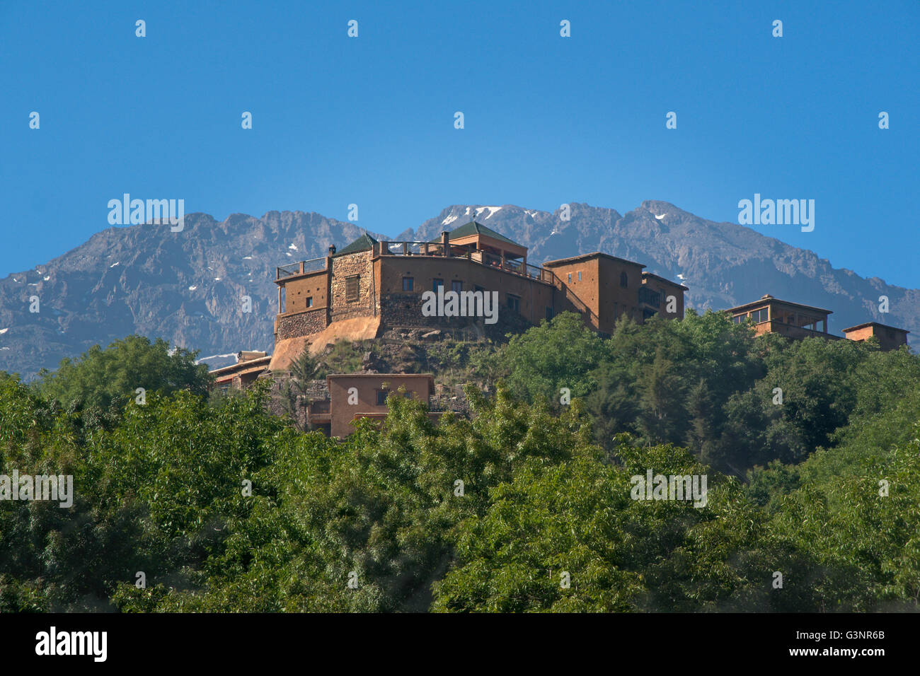 Kasbah Du Toubkal exterior in the High Atlas Mountains, Morocco, Africa Stock Photo