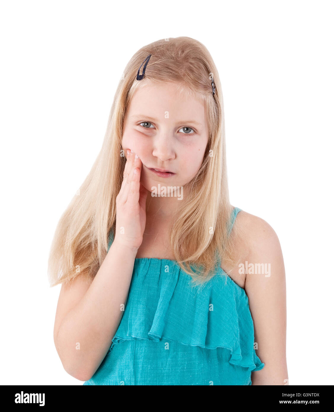young girl with toothache on white background Stock Photo