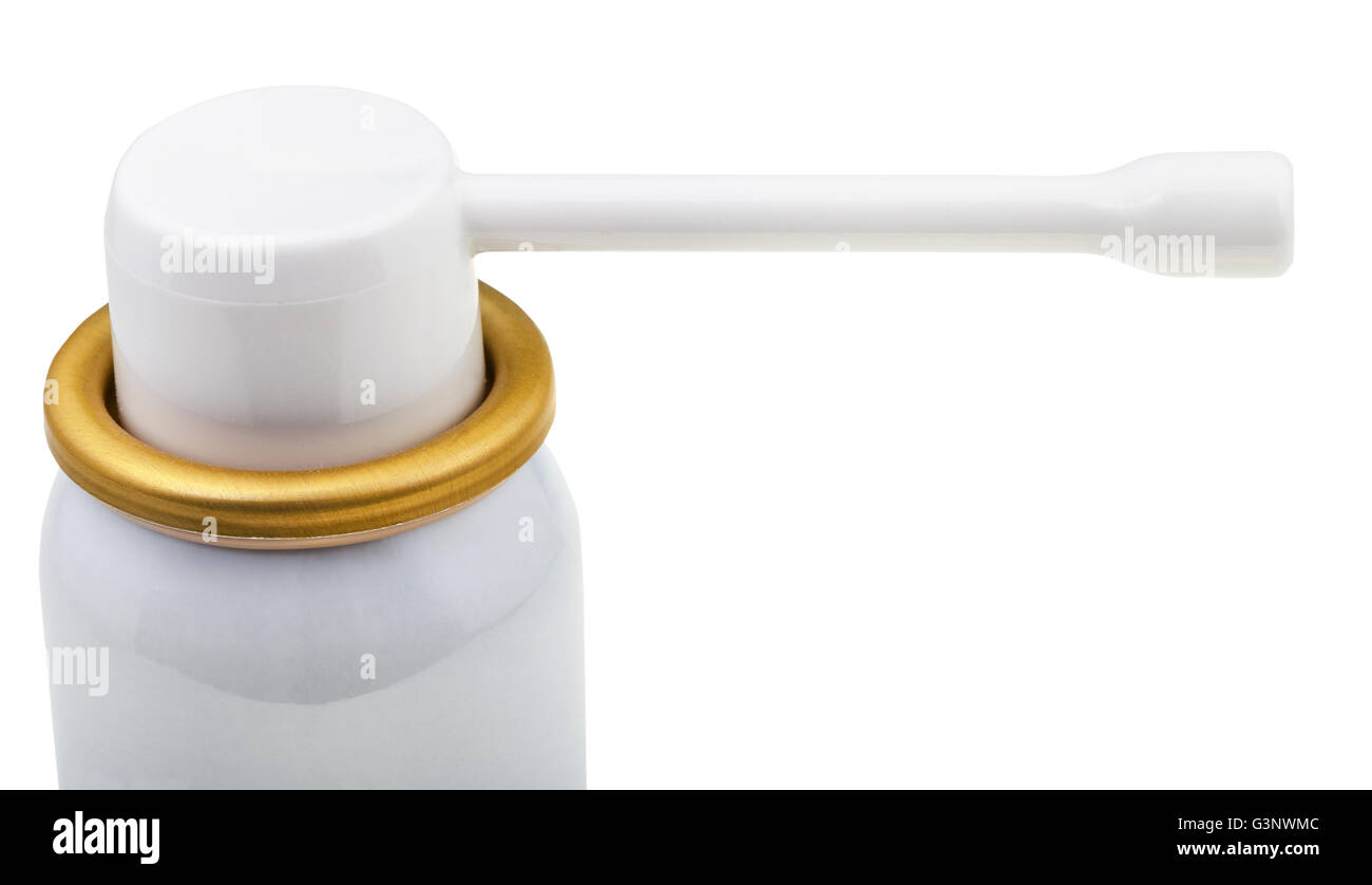 white spray mouthpiece of medical aerosol can close up isolated on ...