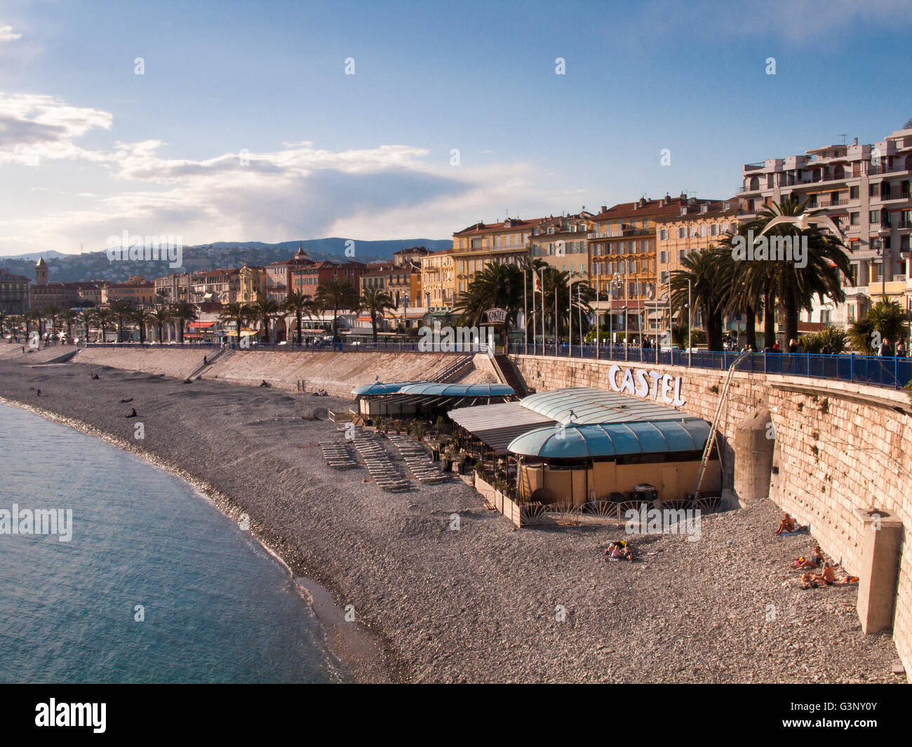 Beachfront in Nice featuring Castel Plage restaurant, Cote d'Azur, France, Europe Stock Photo