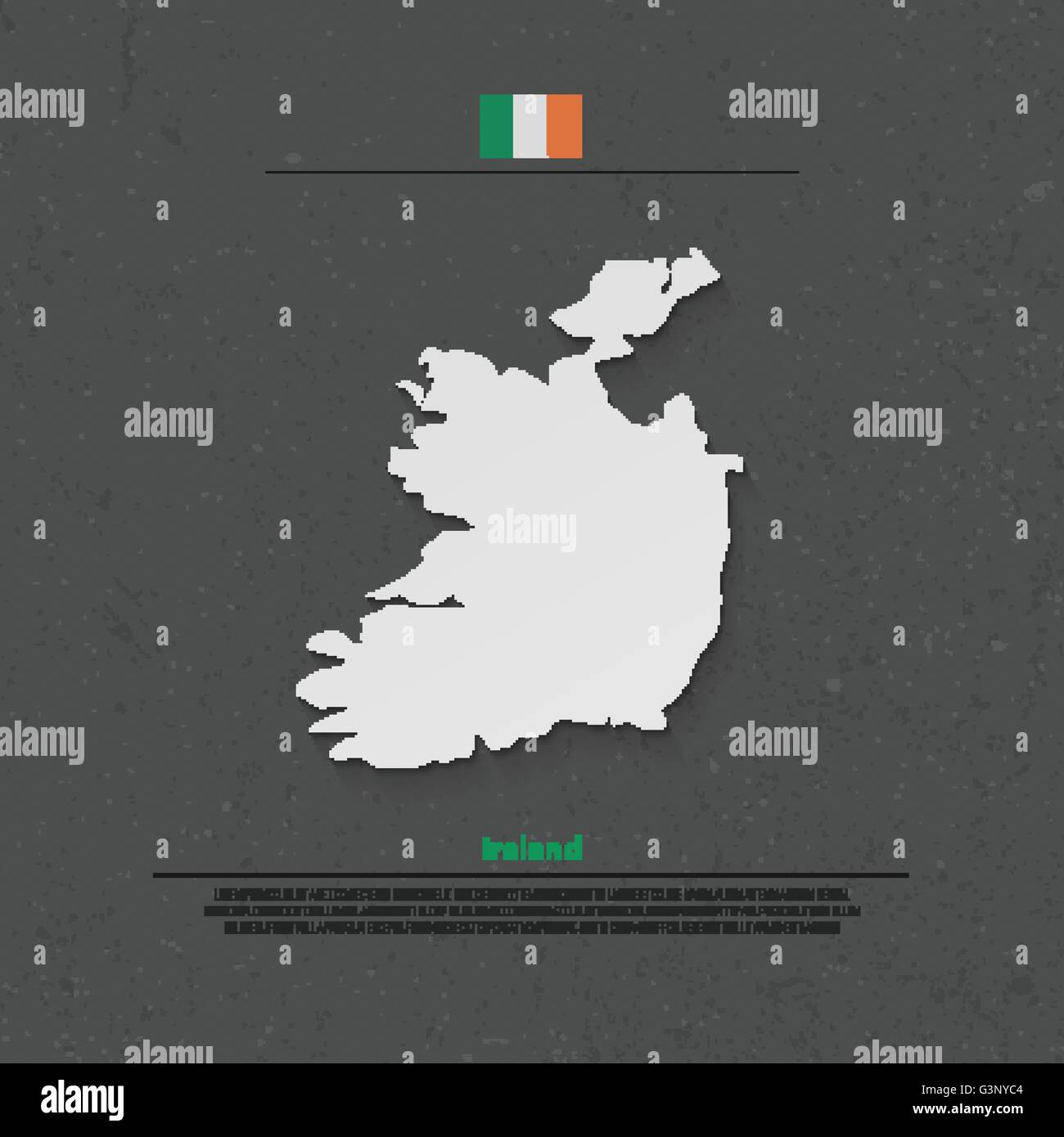 Republic of Ireland isolated map and official flag icons. vector Irish political map 3d illustration over paper texture. EU geog Stock Vector