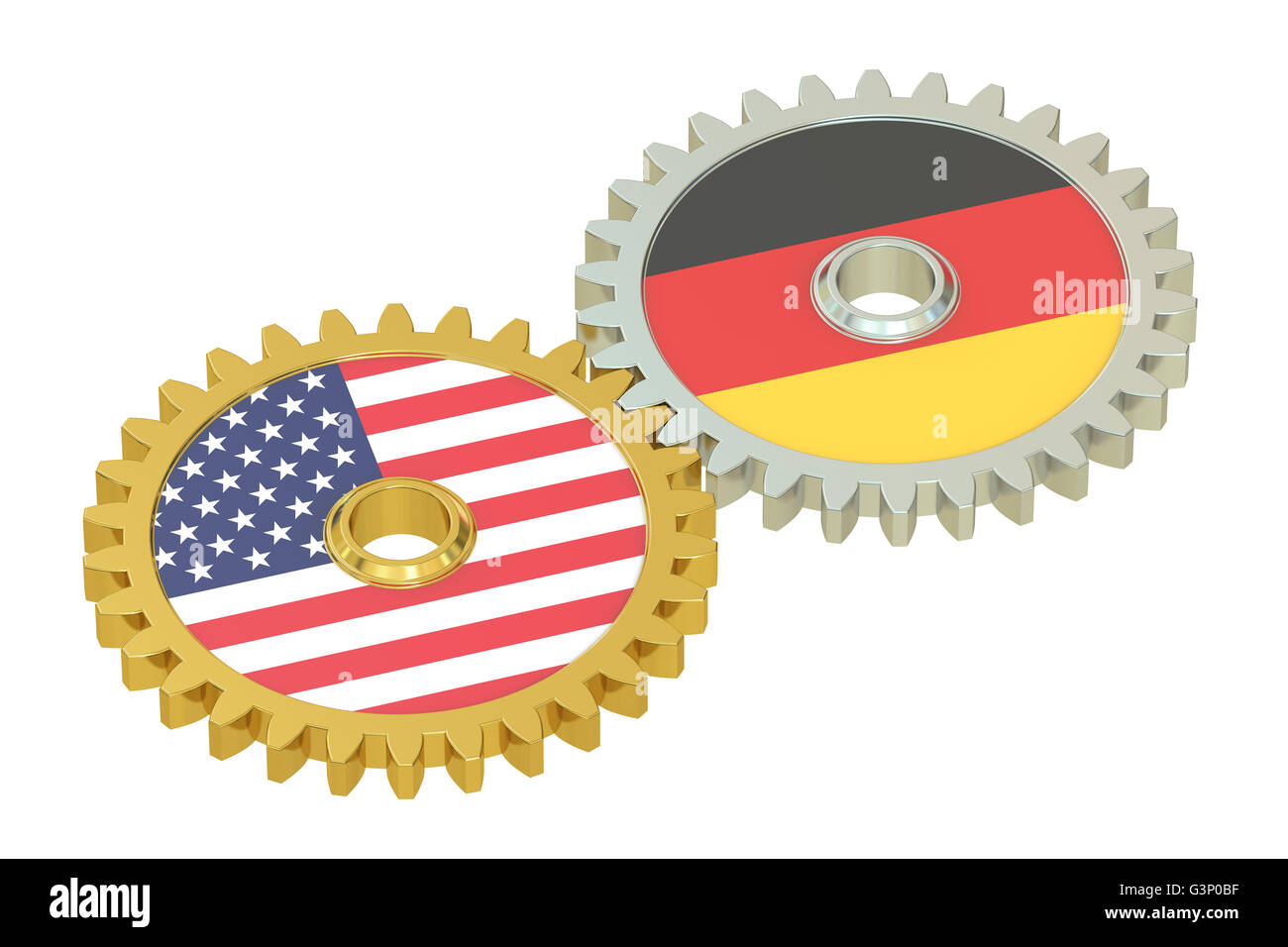 USA and Germany flags on a gears, 3D rendering isolated on white background Stock Photo