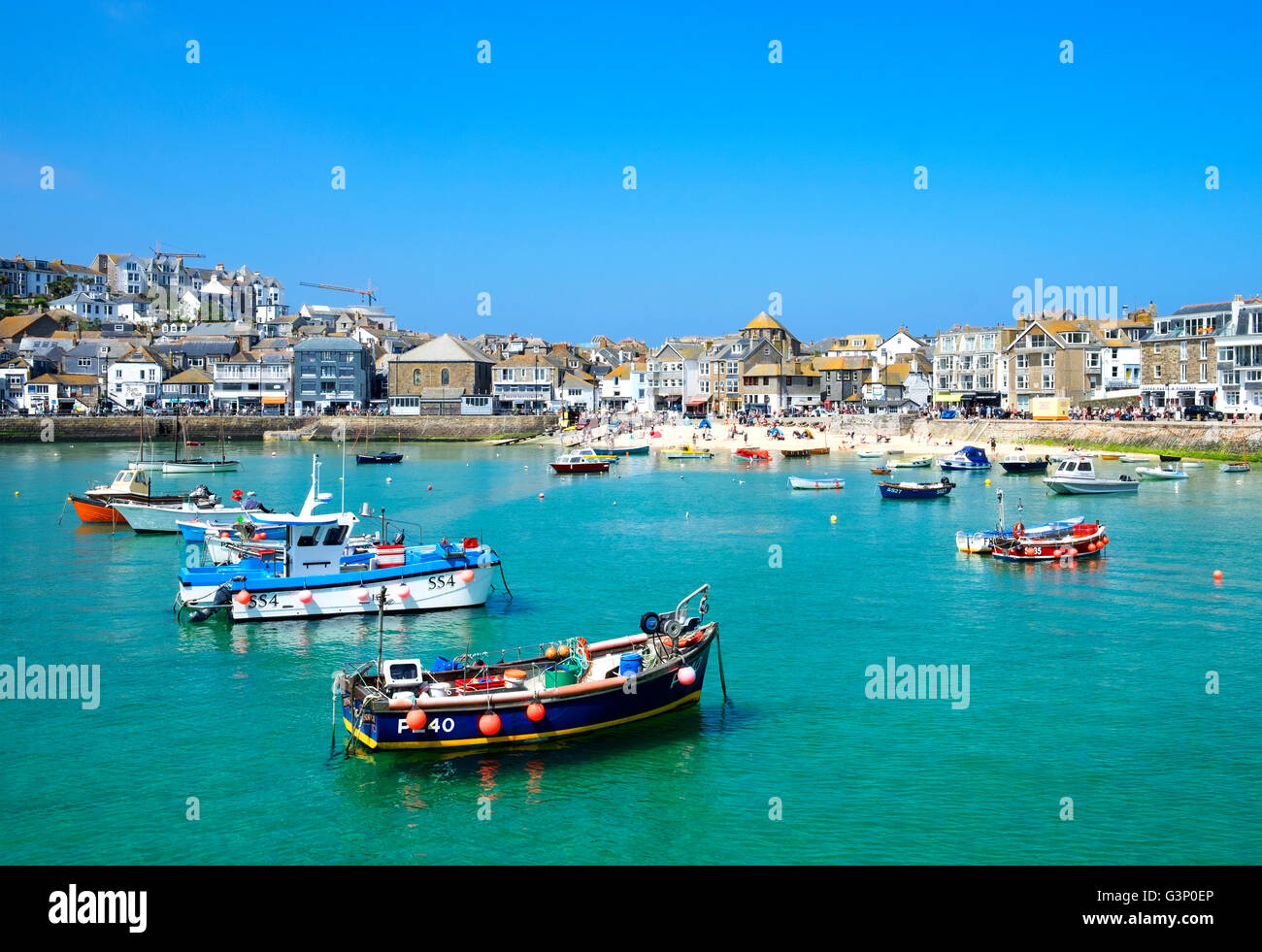 fishing boats moored in the harbour at St.Ives, Cornwall, England, UK Stock Photo