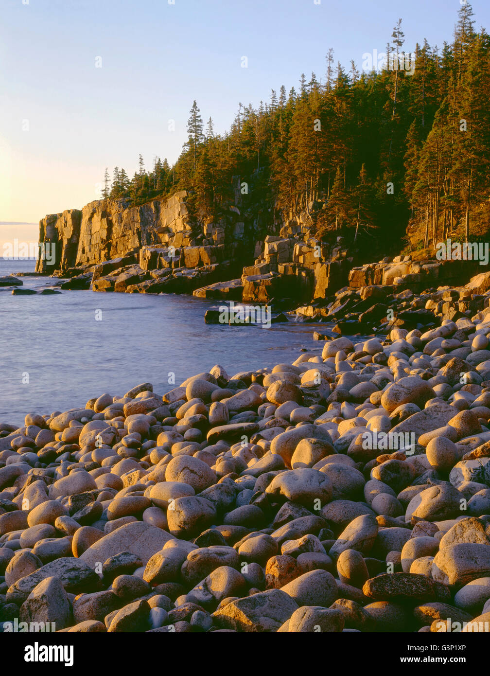 USA, Maine, Acadia National Park, Sunrise light on waverounded rocks