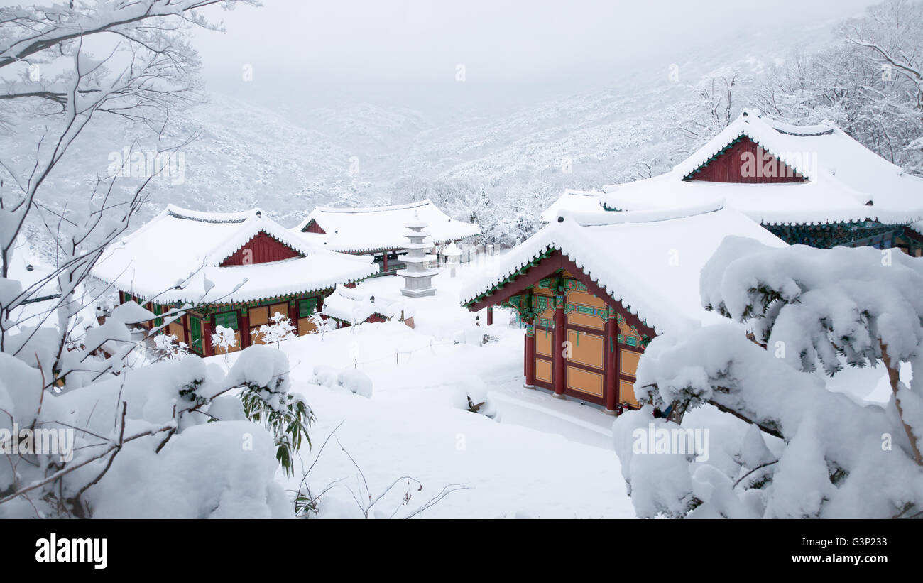 Wonhyosa, a buddhist temple, covered with snow, Gwangju, South Korea Stock Photo