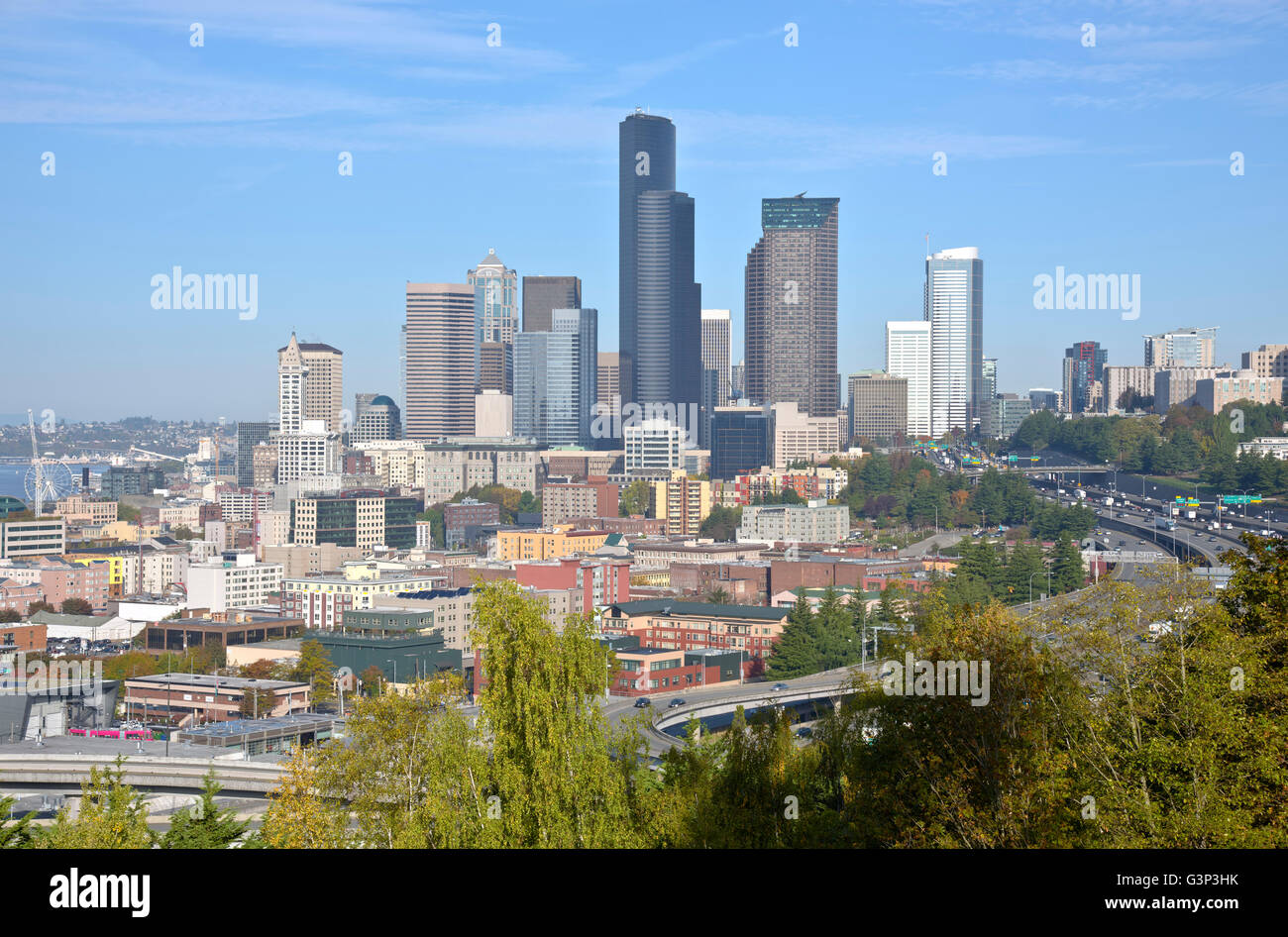 Seattle downtown buildings architecture and freeways Washington state. Stock Photo