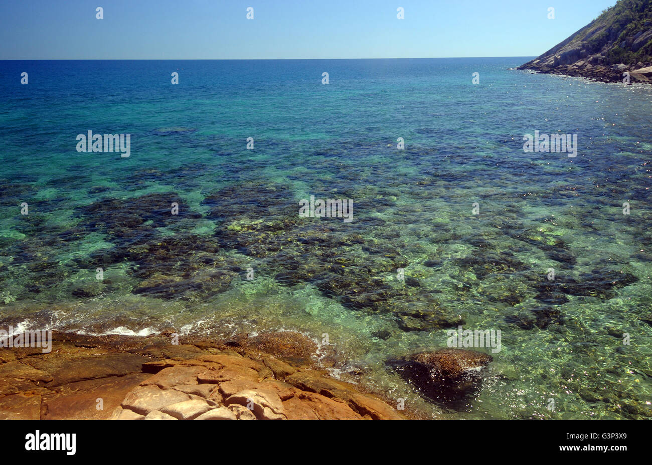 Some coral bleaching evident in shallow water at Turtle Bay, Lizard Island, Great Barrier Reef, Queensland, Australia Stock Photo