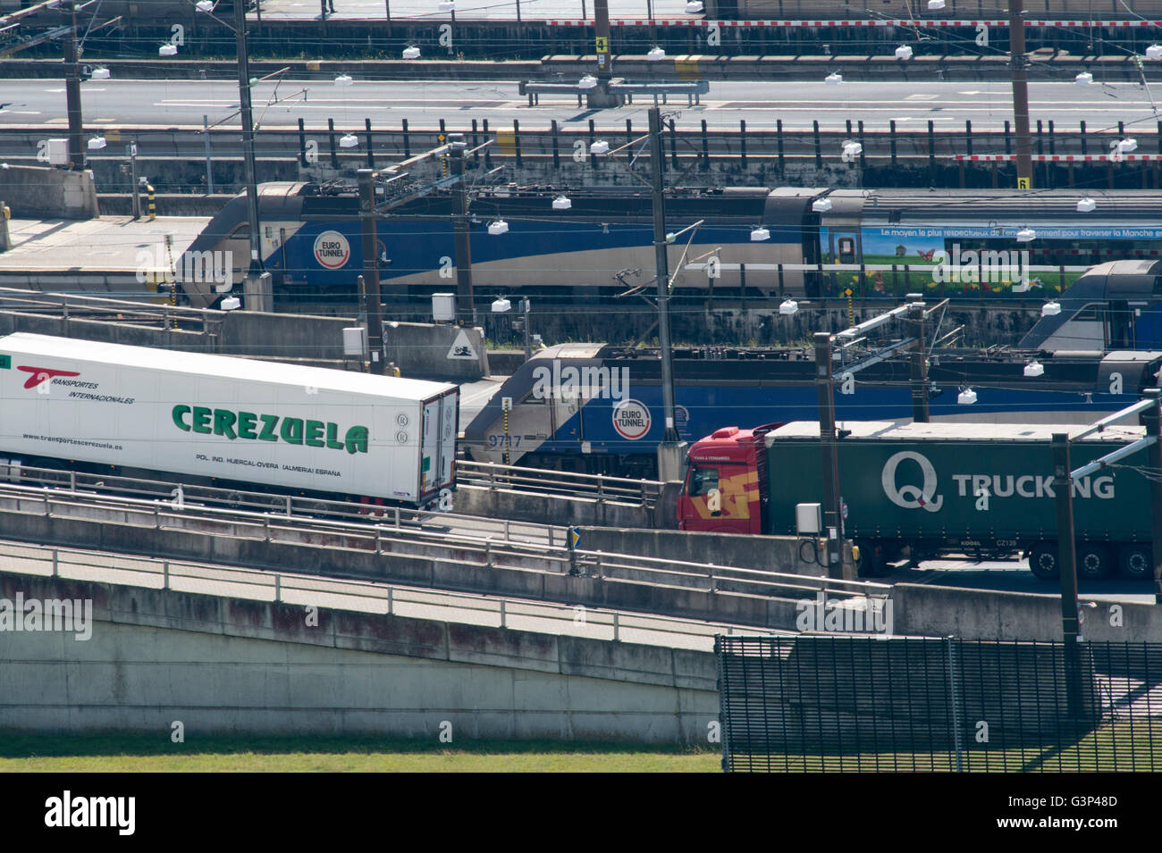Trains loading and unloading at the entrance and exit to the euro tunnel in Folkestone Kent. Stock Photo