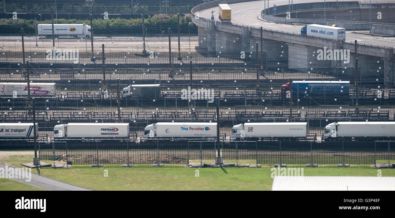 Trains loading and unloading at the entrance and exit to the euro tunnel in Folkestone Kent. Stock Photo
