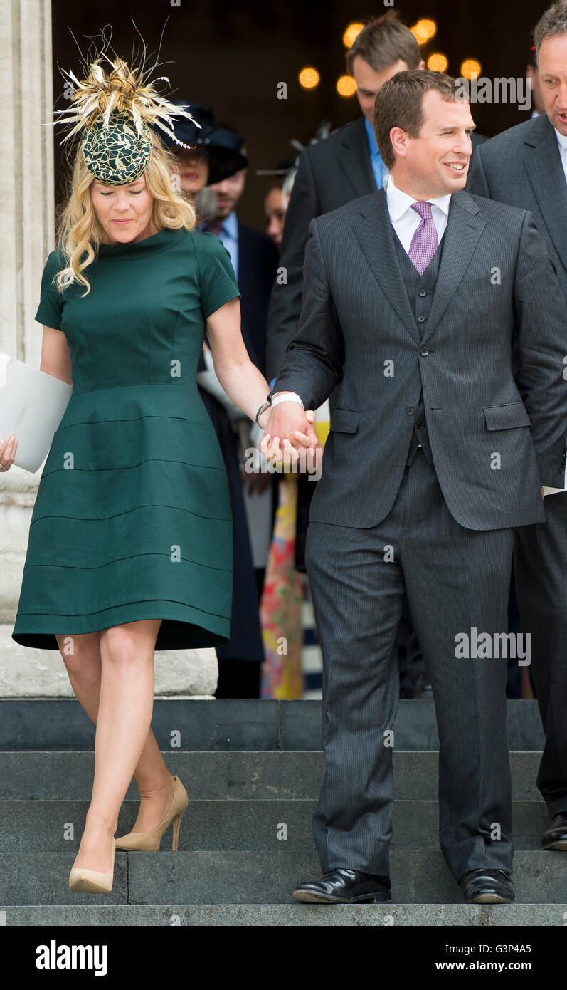 Peter Phillips and his wife Autumn Phillip attending HM The Queen's 90th birthday service of thanksgiving at St Pauls Cathedral. Stock Photo