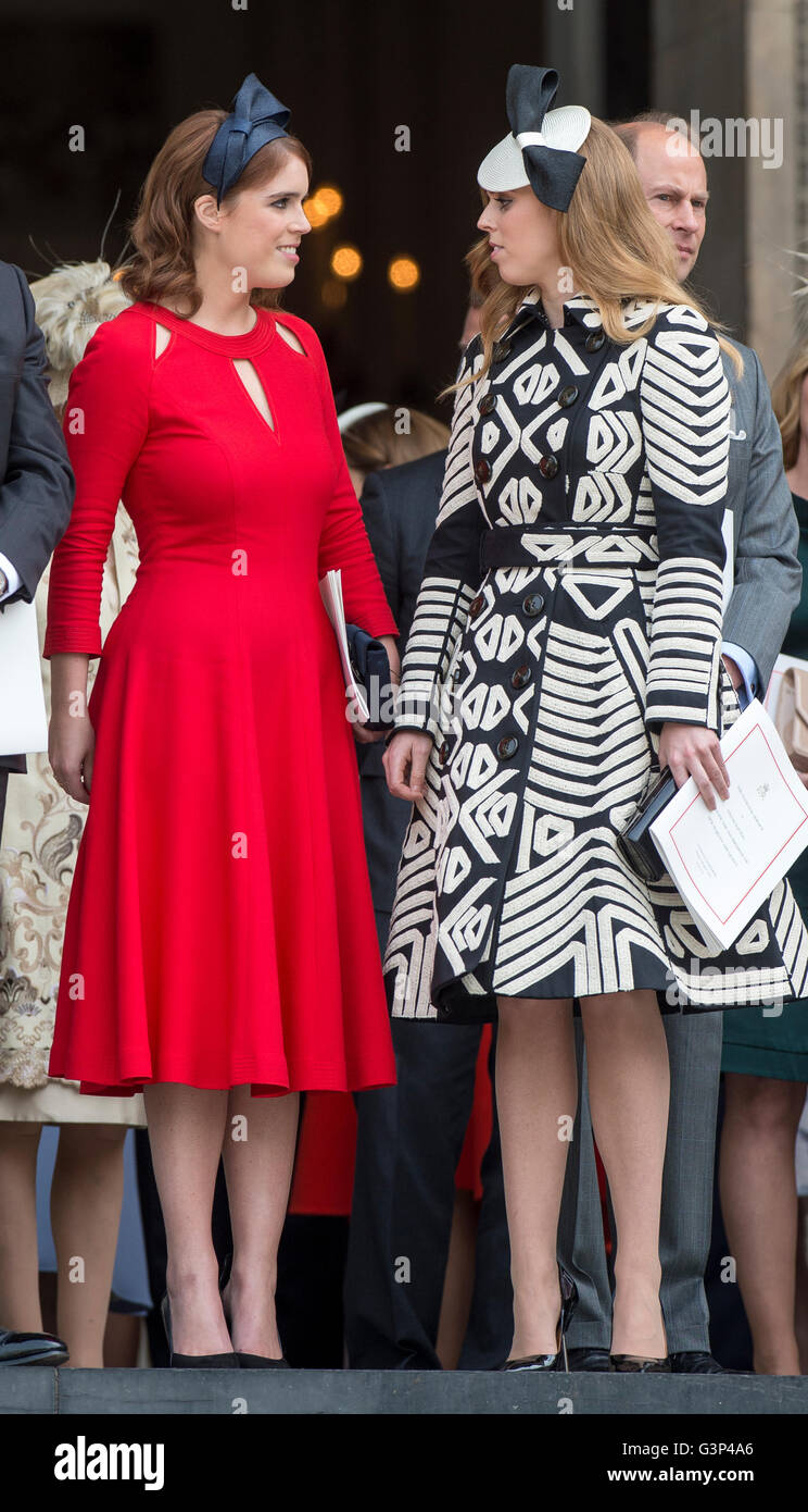 Princesses Eugenie and Beatrice attending The Queen's ninetieth birthday service at St Paul's Cathedral in London. Stock Photo